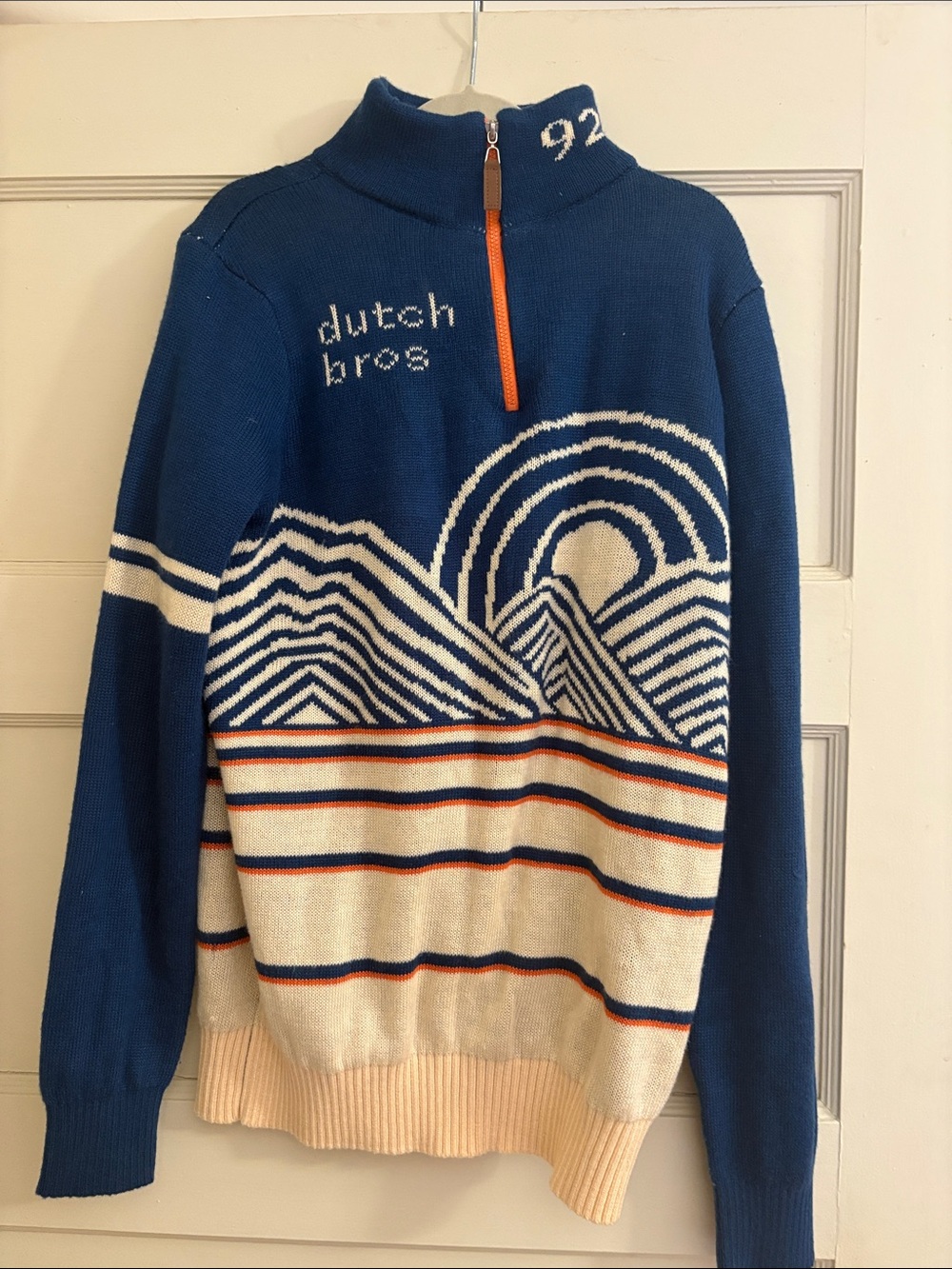 Dutch Bros Blue, Cream & Orange Zip-Up Sweater